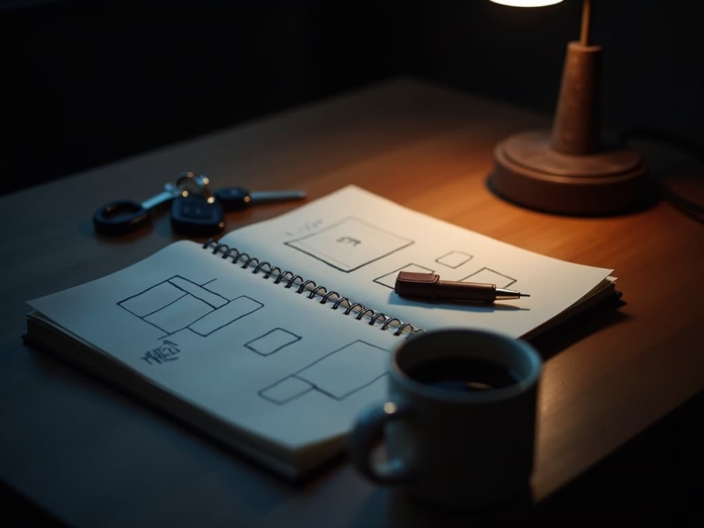 An evening workspace — open notebook with website wireframe sketches, brass pen, cream coffee mug, blue-hour window light